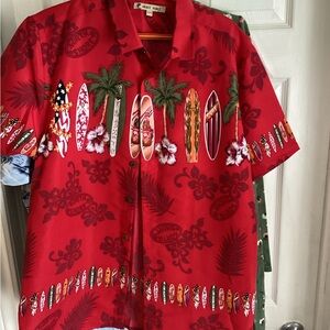 Red Hawaiian Surfboard Print Camp Shirt